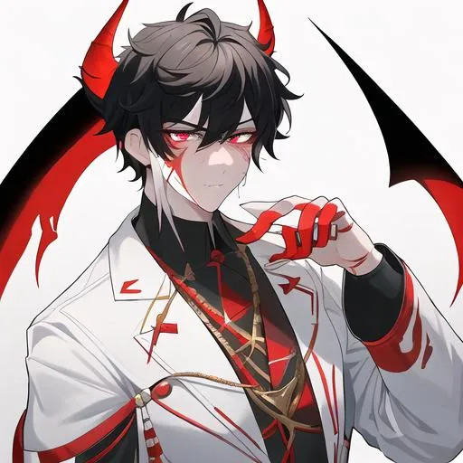 Prompt: Oxen 1male. He has short black hair. He has {{{slanted and serious red-colored eyes.}} He has a stern yet comforting look. His face is covered in scars. wearing a white doctor's coat over a shirt and trousers. UHD, 4K.  Handsome. Highly detailed face. He is 26 years old. Scientist, Wearing an eye patch. Wearing a mask