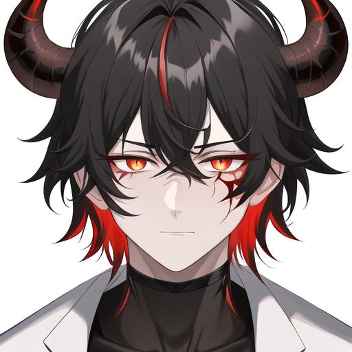 Prompt: Oxen 1male. He has short black hair. He has {{{slanted and serious red-colored eyes.}} He has a stern yet comforting look. His face is covered in scars. He is wearing a lab coat and holding flasks. UHD, 4K.  Handsome. Highly detailed face. He is 26 years old. Close up
