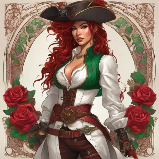 Prompt: Rose. Wearing a white leather corset, billowy white shirt, high-waisted trousers, tall boots, tricorn hat, and a belt with pouches and a cutlass. her hair is a vibrant shade of crimson, styled in intricate braids and adorned with gears and feathers. it falls just below her shoulders. her eyes are a striking emerald green. Steampunk. Anime style. UHD, 8K.