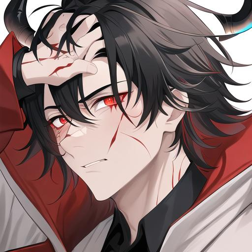 Prompt: Oxen 1male. He has short black hair. He has {{{slanted and serious red-colored eyes.}} He has a stern yet comforting look. His face is covered in scars. He is wearing a lab coat and holding flasks. UHD, 4K.  Handsome. Highly detailed face. He is 26 years old. Scientist