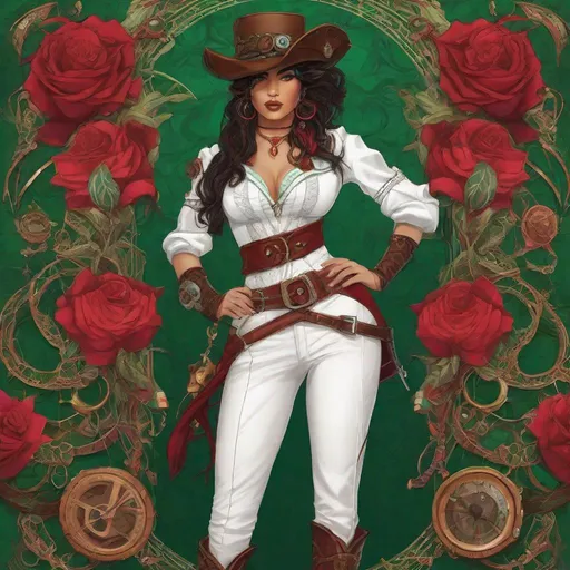 Prompt: Rose. Wearing a white leather corset, billowy white shirt, high-waisted trousers, tall boots, tricorn hat, and a belt with pouches and a cutlass. her hair is a vibrant shade of crimson, styled in intricate braids and adorned with gears and feathers. it falls just below her shoulders. her eyes are a striking emerald green. Steampunk. Anime style. UHD, 8K.