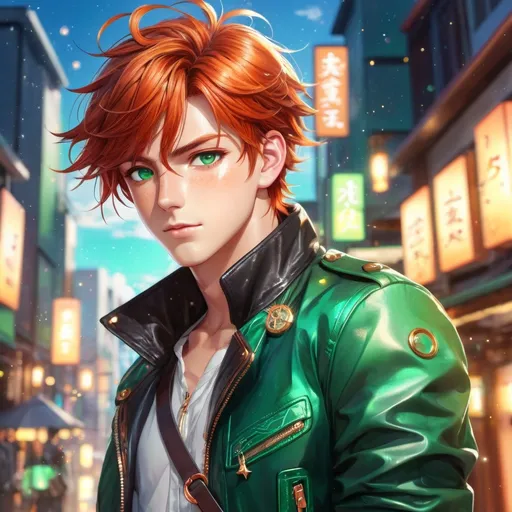 Prompt: Anime illustration of Mara, male, fiery auburn hair tied in a messy bun, shimmering like a sunlit copper sea, emerald-green eyes, cute freckles, leather jacket with weather charms, detailed eyes, vibrant colors, anime, detailed hair, atmospheric lighting, highres, professional, male