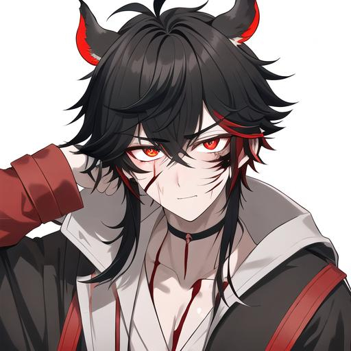 Prompt: Oxen 1male. He has short black hair. He has {{{slanted and serious red-colored eyes.}} He has a stern yet comforting look. His face is covered in scars. He is wearing a lab coat and holding flasks. UHD, 4K.  Handsome. Highly detailed face. He is 26 years old. Scientist