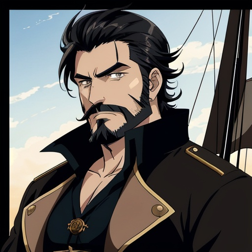 Prompt: Captain Blackthorn. He is a feared airship pirate captain. Thick facial hair. In his 40's. Anime style. Steampunk. Adult. Stern look