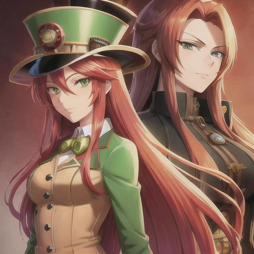 Prompt: Anime-style illustration of Valve, long red hair, green eyes, steampunk goggles, adorned top hat with pipes, tan coat with gears, detailed facial features, intricate steampunk design, highres, ultra-detailed, anime, steampunk, detailed eyes, professional