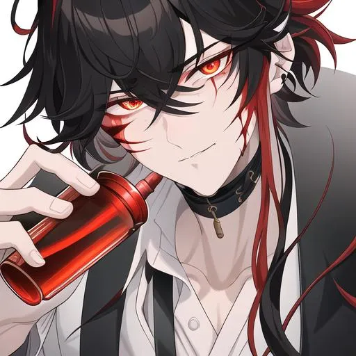 Prompt: Oxen 1male. He has short black hair. He has {{{slanted and serious red-colored eyes.}} He has a stern yet comforting look. His face is covered in scars. He is wearing a lab coat and holding flasks. UHD, 4K.  Handsome. Highly detailed face. He is 26 years old. 