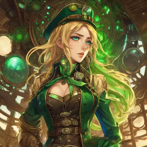 Prompt: Anime illustration of Vera, sun-kissed blonde hair cascading down her back with glowing green highlights, green and blue eyes, green crystals growing out of her, blood, steampunk airship pirate captain, intense and painful expression, detailed metallic steampunk outfit, futuristic airship in the background, highres, ultra-detailed, anime, steampunk, glowing eyes, intense expression, futuristic, detailed outfit, atmospheric lighting
