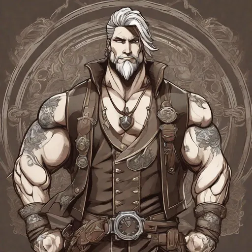 Prompt: Jasper is a imposing figure, with a heavily muscled build. He often wears a heavy leather apron that bears the marks of countless hours of work, and his forearms are adorned with intricate tattoos that depict various weapons and armor pieces. His eyes, while sharp and observant, carry the wisdom of a seasoned blacksmith.

Airship pirate. Steampunk. Anime style. UHD