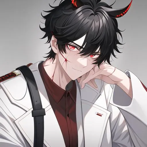 Prompt: Oxen 1male. He has short black hair. He has {{{slanted and serious red-colored eyes.}} He has a stern yet comforting look. His face is covered in scars. wearing a white doctor's coat over a shirt and trousers. UHD, 4K.  Handsome. Highly detailed face. He is 26 years old. Scientist, Wearing an eye patch