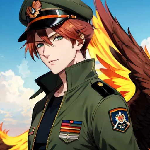 Prompt: Phoenix. Male. He has auburn hair. He has green eyes. He is wearing an aviator cap. Wearing an air force uniform. Anime style
