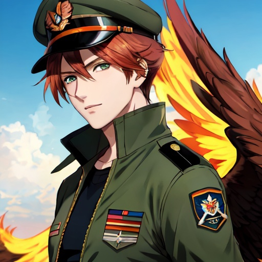 Prompt: Phoenix. Male. He has auburn hair. He has green eyes. He is wearing an aviator cap. Wearing an air force uniform. Anime style
