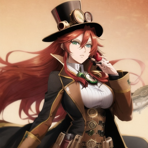 Prompt: Anime-style illustration of Valve, long red hair, green eyes, steampunk goggles, adorned top hat with pipes, tan coat with gears, detailed facial features, intricate steampunk design, highres, ultra-detailed, anime, steampunk, detailed eyes, professional