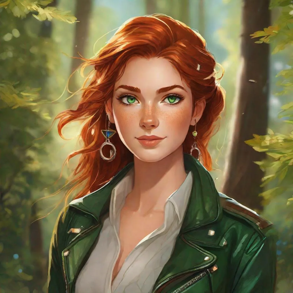 Prompt: Mara has long, fiery auburn hair that seems to shimmer like a sunlit copper sea. She keeps her hair tied back in a messy bun when she's not busy observing the skies. Her emerald-green eyes have a spark of adventure and mischief, and her freckles add charm to her features. She often wears a leather jacket with various weather charms and small trinkets hanging from its edges. Airship pirate. Steampunk. Anime style 