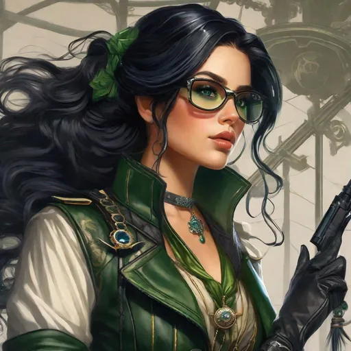 Prompt: Isolde has long, raven-black hair that falls gracefully down her back, often tied in a simple, efficient braid. Her eyes, a deep shade of green, are captivating and carry an air of mystery and intensity. She typically dons a practical leather jacket, adorned with an array of intricate spyglasses, telescopes, and monoculars. 
Airship pirate. Steampunk. Anime style. UHD