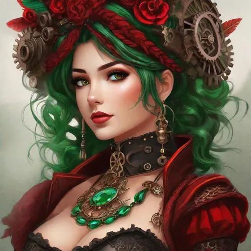 Prompt:  Ava. A stylish lady with a corseted leather bodice, layered lace skirt, knee-high boots with gears, and fingerless gloves. her hair is a vibrant shade of crimson, styled in intricate braids and adorned with gears and feathers. it falls just below her shoulders. her eyes are a striking emerald green. Steampunk. Anime style. UHD, 8K, 