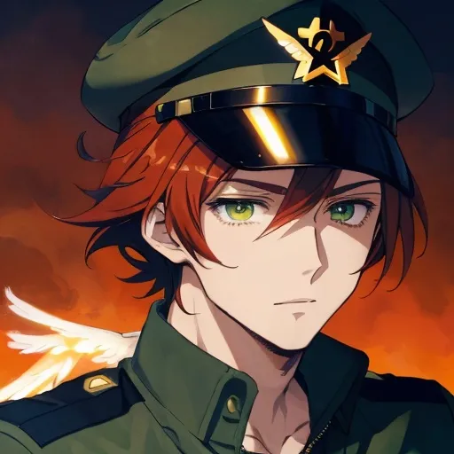 Prompt: Phoenix. Male. He has auburn hair. He has green eyes. He is wearing an aviator cap. Wearing an air force uniform. Anime style
