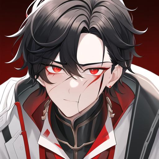 Prompt: Oxen 1male. He has short black hair. He has {{{slanted and serious red-colored eyes.}} He has a stern yet comforting look. His face is covered in scars. He is wearing a lab coat and holding flasks. UHD, 4K.  Handsome. Highly detailed face. He is 26 years old. Close up
