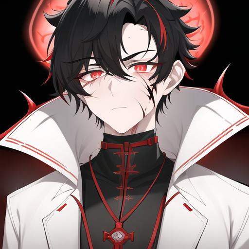 Prompt: Oxen 1male. He has short black hair. He has {{{slanted and serious red-colored eyes.}} He has a stern yet comforting look. His face is covered in scars. He is wearing a lab coat and holding flasks. UHD, 4K.  Handsome. Highly detailed face. He is 26 years old. Scientist