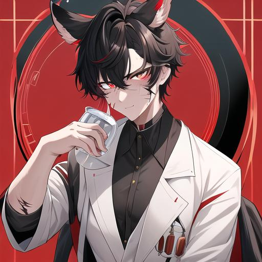 Prompt: Oxen 1male. He has short black hair. He has {{{slanted and serious red-colored eyes.}} He has a stern yet comforting look. His face is covered in scars. He is wearing a lab coat and holding flasks. UHD, 4K.  Handsome. Highly detailed face. He is 26 years old. 