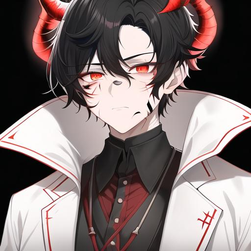 Prompt: Oxen 1male. He has short black hair. He has {{{slanted and serious red-colored eyes.}} He has a stern yet comforting look. His face is covered in scars. He is wearing a lab coat and holding flasks. UHD, 4K.  Handsome. Highly detailed face. He is 26 years old. Scientist