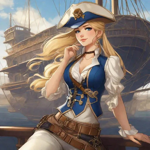 Prompt: Her long, sun-kissed blonde hair is styled in a sleek and intricately braided ponytail that cascades down her back. She wears an eyepatch and a pirate hat. Her eyes are an enchanting shade of sapphire blue, reflecting her determination.

She wears a ivory-colored blouse. Over it she wears leather vest. She wears trousers.

Anime style. Adult. Steampunk airship pirate
