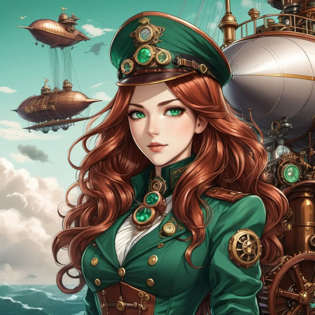 Prompt: Anime-style illustration of Isabella, a steampunk airship captain, with long auburn hair cascading in loose waves, striking emerald-colored eyes, detailed facial features, 40s, steampunk, airship captain, anime style, intricate steampunk attire, cool-toned lighting