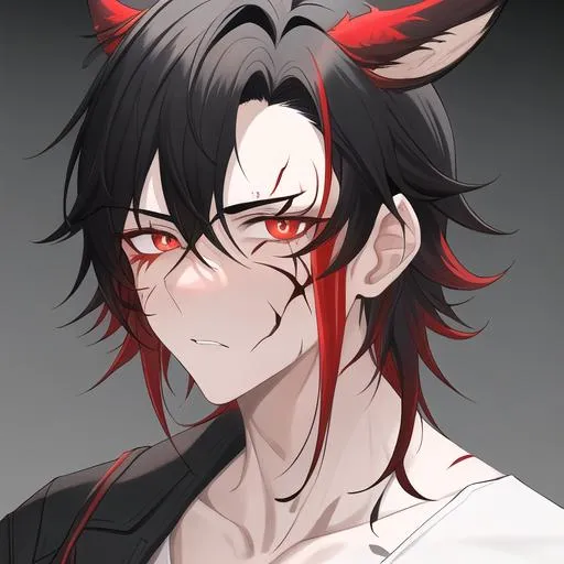 Prompt: Oxen 1male. He has short black hair. He has {{{slanted and serious red-colored eyes.}} He has a stern yet comforting look. His face is covered in scars. He is wearing a white shirt. UHD, 4K.  Handsome. Highly detailed face. He is 26 years old. Close up