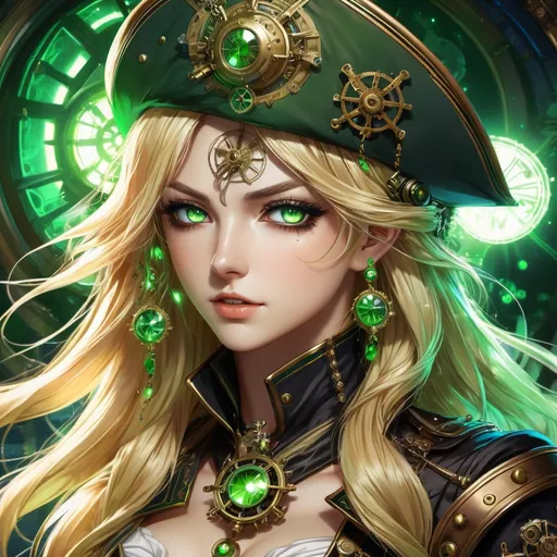 Prompt: Anime style, steampunk, airship pirate captain, Vera, long sun-kissed blonde hair with glowing green highlights, green and blue eyes, green crystals growing out of her, expression of pain, blood, detailed hair, intricate steampunk outfit, dramatic lighting, intense gaze, detailed eyes, highres, ultra-detailed, steampunk, anime, dramatic lighting, glowing details, intense expression