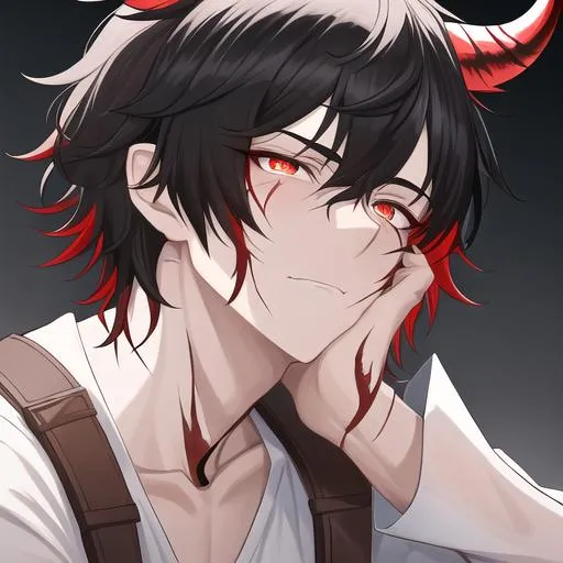 Prompt: Oxen 1male. He has short black hair. He has {{{slanted and serious red-colored eyes.}} He has a stern yet comforting look. His face is covered in scars. He is wearing a white shirt. UHD, 4K.  Handsome. Highly detailed face. He is 26 years old. Close up