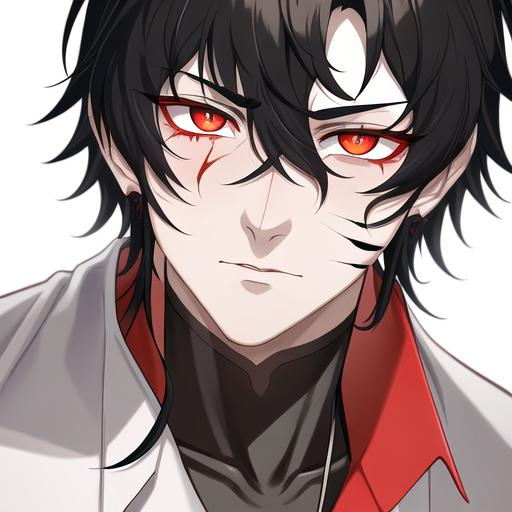 Prompt: Oxen 1male. He has short black hair. He has {{{slanted and serious red-colored eyes.}} He has a stern yet comforting look. His face is covered in scars. He is wearing a lab coat and holding flasks. UHD, 4K.  Handsome. Highly detailed face. He is 26 years old. Close up