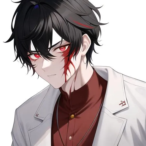 Prompt: Oxen 1male. He has short black hair. He has {{{slanted and serious red-colored eyes.}} He has a stern yet comforting look. His face is covered in scars. wearing a white doctor's coat over a shirt and trousers. UHD, 4K.  Handsome. Highly detailed face. He is 26 years old. Scientist, Wearing an eye patch