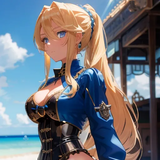 Prompt: Vera. She has long, sun-kissed blonde hair styled in a sleek and intricately braided ponytail that cascades down her back. Sapphire blue eyes. Wearing a [[steampunk bathing suit.]] Anime style. Steampunk. Adult. UHD