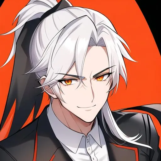 Prompt: Easton 1male. He has short {{white hair}} that is pulled back into a short ponytail. He has {{{rounded firey-orange colored eyes.}} He has a warm and welcoming smile. He is wearing a grim reaper outfit. UHD, 4K. Muscular. Highly detailed. Slender build. Handsome. Highly detailed face, 