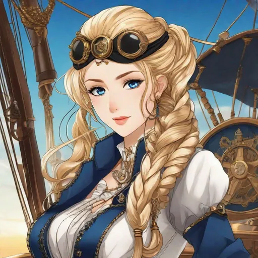 Prompt: Vera. Her long, sun-kissed blonde hair is styled in a sleek and intricately braided ponytail that cascades down her back. She wears an eyepatch. Her eyes are an enchanting shade of sapphire blue. 

Wearing a white corset.

Anime style. Adult. Steampunk airship pirate