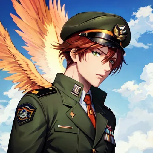 Prompt: Phoenix. Male. He has auburn hair. He has green eyes. He is wearing an aviator cap. Wearing an air force uniform. Anime style
