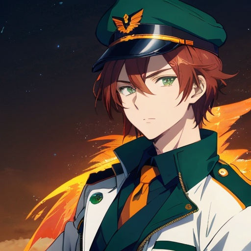 Prompt: Phoenix. Male. He has auburn hair. He has green eyes. He is wearing an aviator cap. Wearing an air force uniform. Anime style
