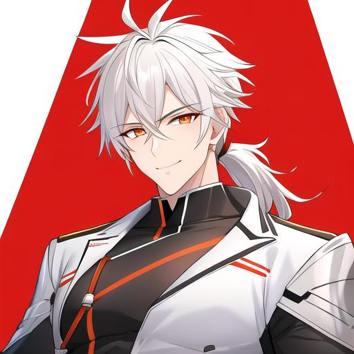 Prompt: Easton 1male. He has short {{white hair}} that is pulled back into a short ponytail. He has {{{rounded firey-orange colored eyes.}} He has a warm and welcoming smile. He is holding a syringe. UHD, 4K. Muscular. Highly detailed. Slender build. Handsome. Highly detailed face