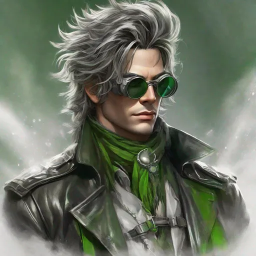 Prompt: Ormus. He is wearing a leather trench coat, goggles, fingerless gloves, and a bandolier with vials of mysterious substances. his hair is a wild, untamed shade of silver, styled in a disheveled manner. it's shoulder-length. his eyes are an intense, piercing green UHD, 8K. Highly detailed. Masculine body. Anime style