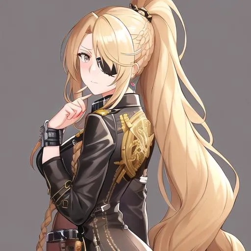 Prompt: Her long, sun-kissed blonde hair is her most distinctive feature, often styled in a sleek and intricately braided ponytail that cascades down her back. The braids are adorned with small gears and cog-shaped hairpins, giving her a touch of steampunk flair.  She wears an eyepatch

She wears a fitted leather jacket with brass buckles and straps, giving her a formidable and commanding presence. 

Her long, black leather gloves are both functional and stylish, decorated with brass rivets and a variety of tiny pockets to store small tools and trinkets.

Beneath her jacket, she sports a waistcoat intricately embroidered with intricate patterns.

Her pants are made of durable, weathered fabric, tucked into knee-high leather boots with brass-plated heels.

Her eyes are an enchanting shade of sapphire blue, reflecting her determination and the vast expanse of the open skies she navigates. 

A collection of pocket watches, keys and compasses, dangle from her belt.

 She wears an eyepatch over her right eye. 

She also wears a pirate hat

Anime style