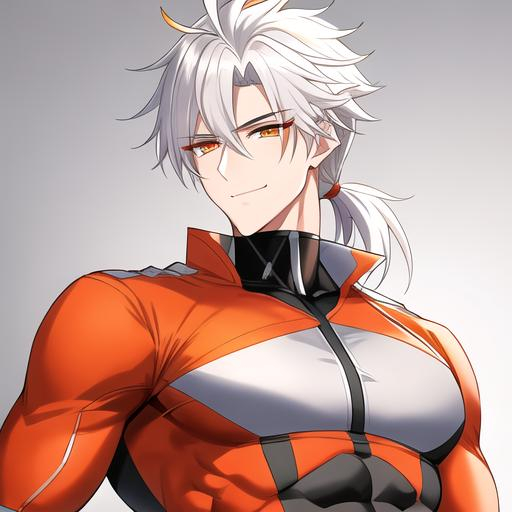 Prompt: Easton 1male. He has short {{white hair}} that is pulled back into a short ponytail. He has {{{rounded firey-orange colored eyes.}} He has a warm and welcoming smile. He is holding a syringe. UHD, 4K. Muscular. Highly detailed. Slender build. Handsome. Highly detailed face