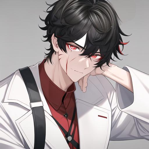 Prompt: Oxen 1male. He has short black hair. He has {{{slanted and serious red-colored eyes.}} He has a stern yet comforting look. His face is covered in scars. wearing a white doctor's coat over a shirt and trousers. UHD, 4K.  Handsome. Highly detailed face. He is 26 years old. Scientist, Wearing an eye patch