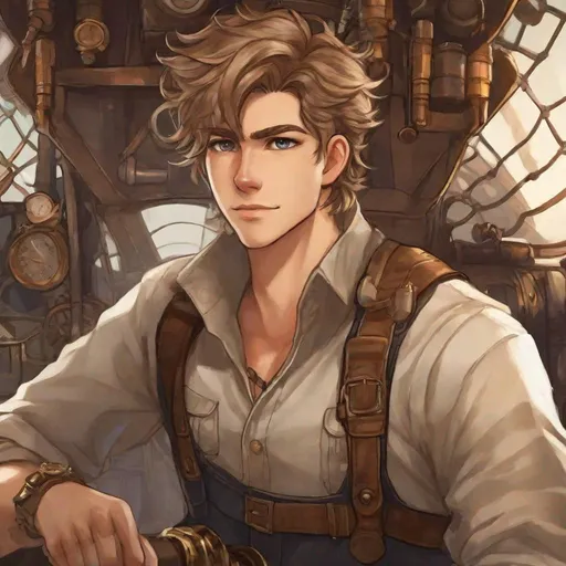 Prompt: Flint. 1male. Steampunk airship mechanic. He has light brown hair. And wears oil stained overalls.