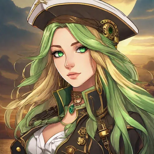 Prompt: Vera. She has long, sun-kissed blonde hair that cascades down her back with glowing green highlights. green and blue eyes, Green crystals growing out of her while she's in pain. Blood. Anime style. Steampunk. Airship pirate captain.
