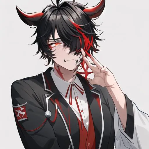 Prompt: Oxen 1male. He has short black hair that covers his eyes. He has {{{slanted and serious red-colored eyes.}} He has a stern yet comforting look. His face is covered in scars. wearing a white doctor's coat over a shirt and trousers. UHD, 4K.  Handsome. Highly detailed face. He is 26 years old. Scientist, Wearing an eye patch. Wearing a mask