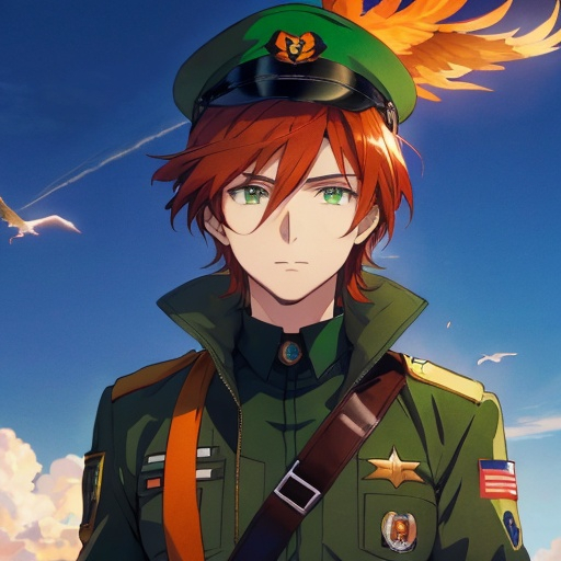 Prompt: Phoenix. Male. He has auburn hair. He has green eyes. He is wearing an aviator cap. Wearing an air force uniform. Anime style
