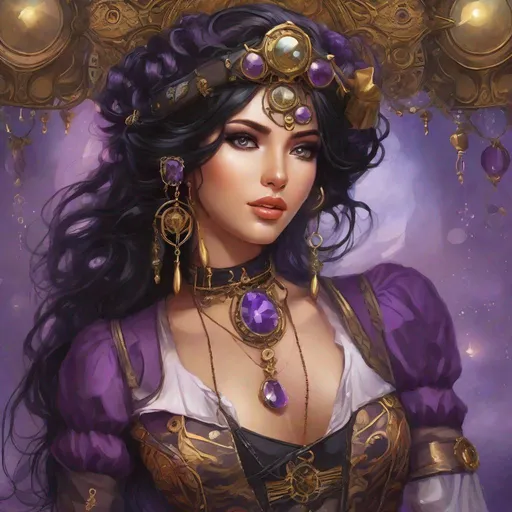 Prompt: Seraph has a striking and ethereal appearance. Her ebony hair falls in cascading waves down her back, adorned with a multitude of small, intricate brass and leather charms. She often wears an assortment of vibrant, steampunk-inspired dresses and corsets, each with its own ornate design. Her large, expressive eyes are a mesmerizing shade of amethyst. Airship pirate. Steampunk. Anime style 