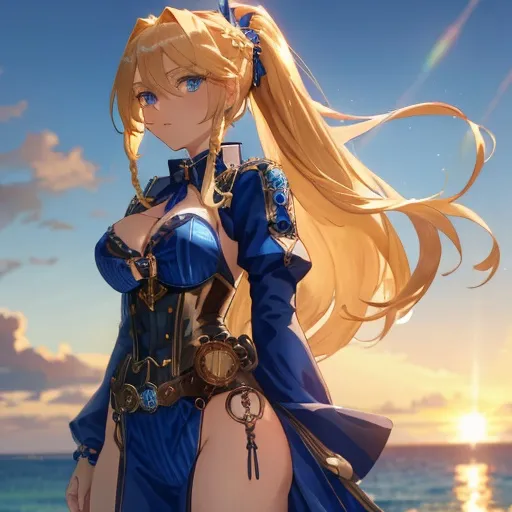 Prompt: Vera. She has long, sun-kissed blonde hair styled in a sleek and intricately braided ponytail that cascades down her back. Sapphire blue eyes. Wearing a [[steampunk bathing suit.]] Anime style. Steampunk. Adult. UHD