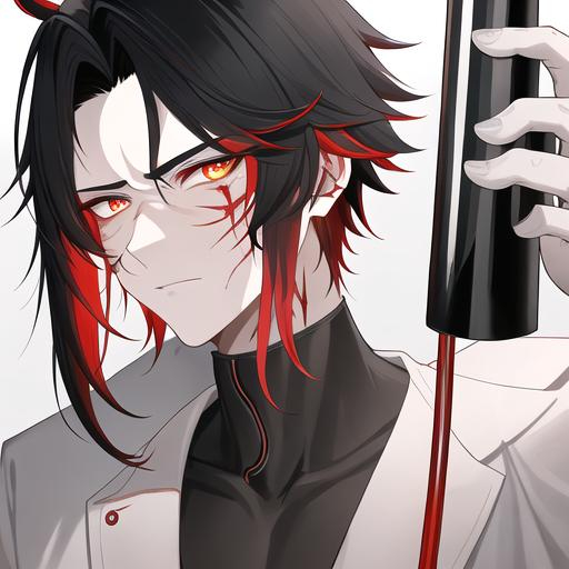 Prompt: Oxen 1male. He has short black hair. He has {{{slanted and serious red-colored eyes.}} He has a stern yet comforting look. His face is covered in scars. He is wearing a lab coat and holding flasks. UHD, 4K.  Handsome. Highly detailed face. He is 26 years old. Scientist