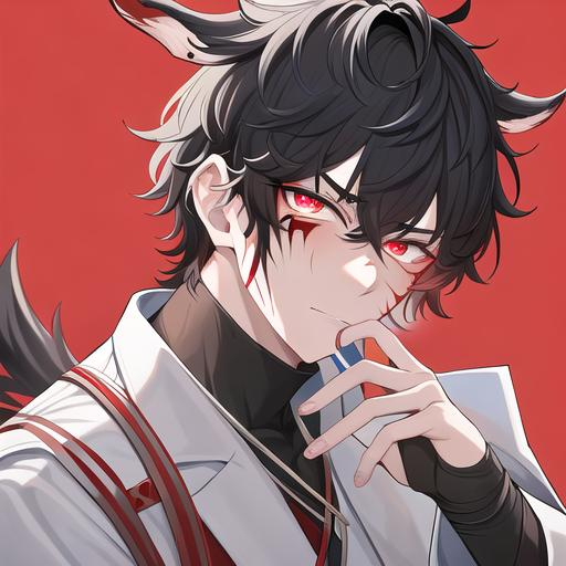 Prompt: Oxen 1male. He has short black hair. He has {{{slanted and serious red-colored eyes.}} He has a stern yet comforting look. His face is covered in scars. He is wearing a lab coat and holding flasks. UHD, 4K.  Handsome. Highly detailed face. He is 26 years old. 