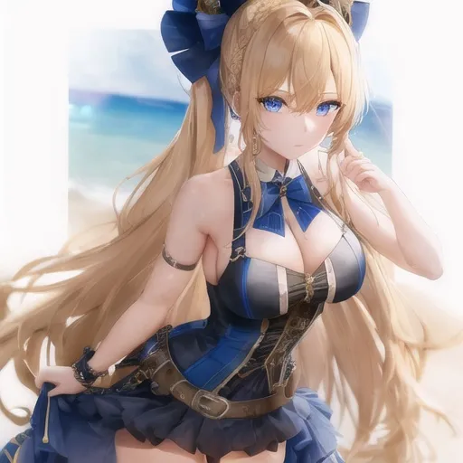 Prompt: Vera. She has long, sun-kissed blonde hair styled in a sleek and intricately braided ponytail that cascades down her back. Sapphire blue eyes. Wearing a [[steampunk bathing suit.]] Anime style. Steampunk. Adult. UHD